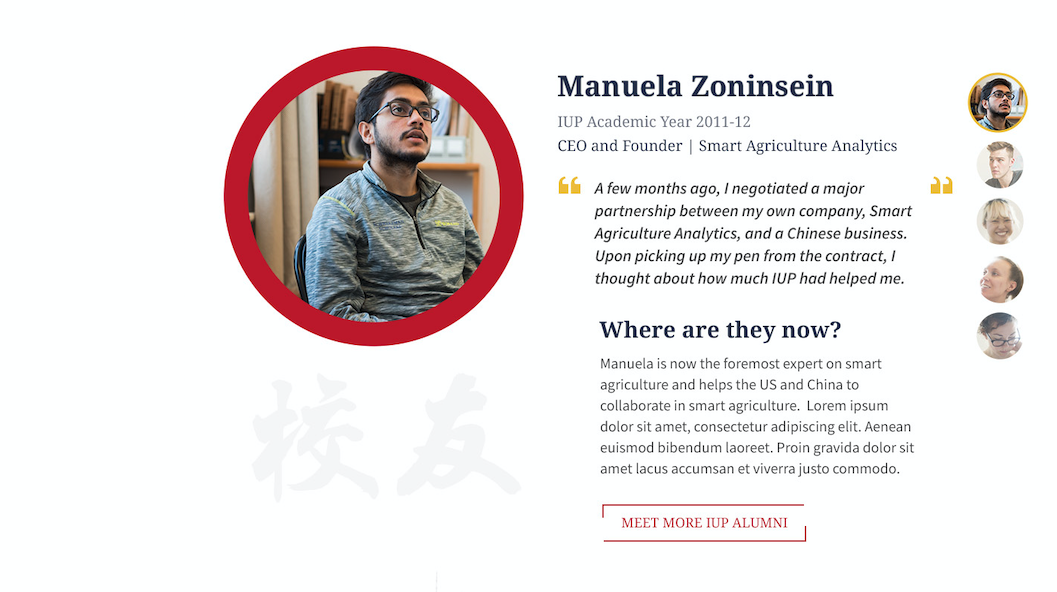 IUP alumni profiles are integrated meaningfully throughout the website