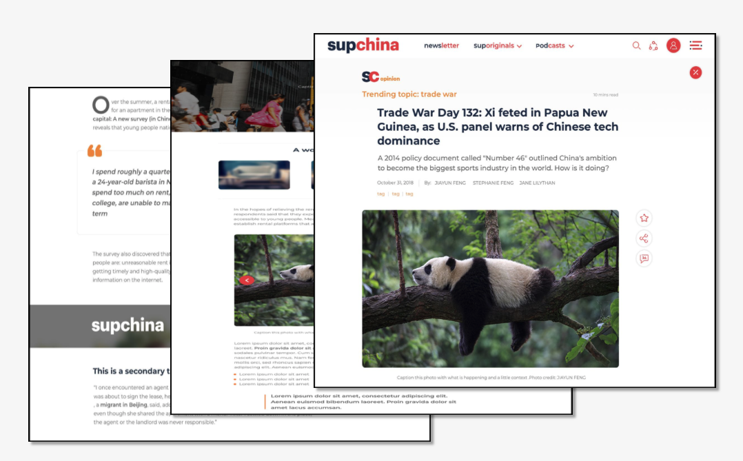 Three images of the SupChina article detail page. Title of article is " Trade War Day 132: Xi feted in Papua New Guinea, as U.S. panel warns of Chinese tech dominance"