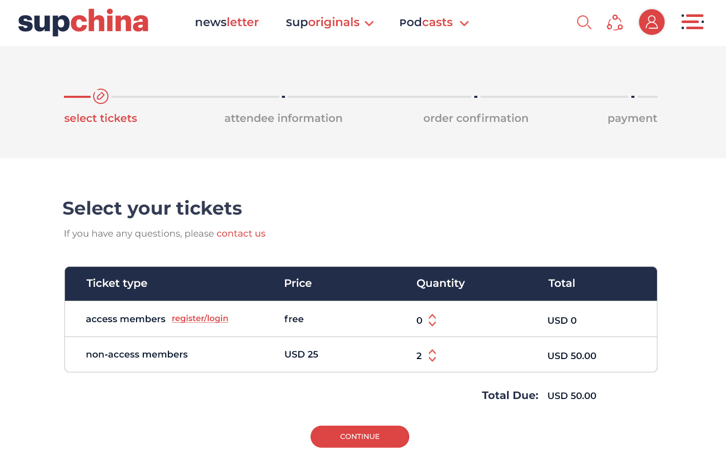 Screenshot of the SupChina Event registration checkout. Shows the "Select your tickets" screen with Access member and non-member tickets "in cart"