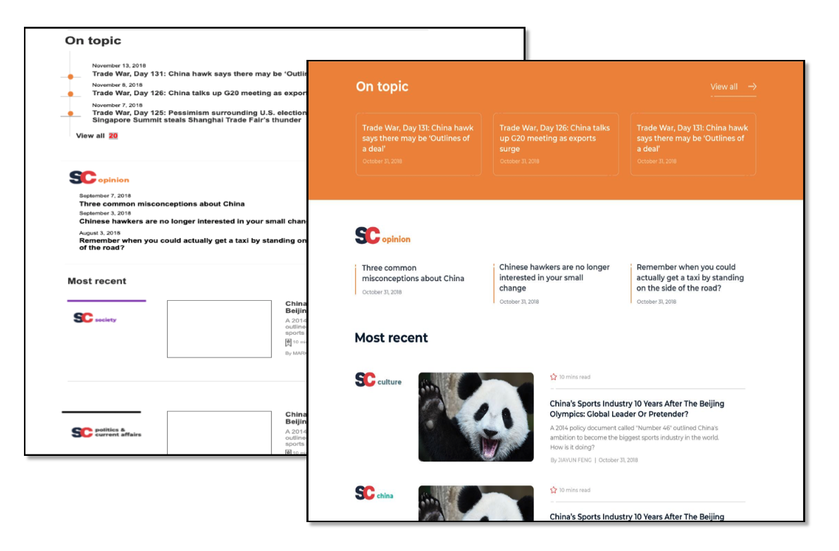 Wireframe and design of suggested articles including "On topic" "opinion" and "most recent"