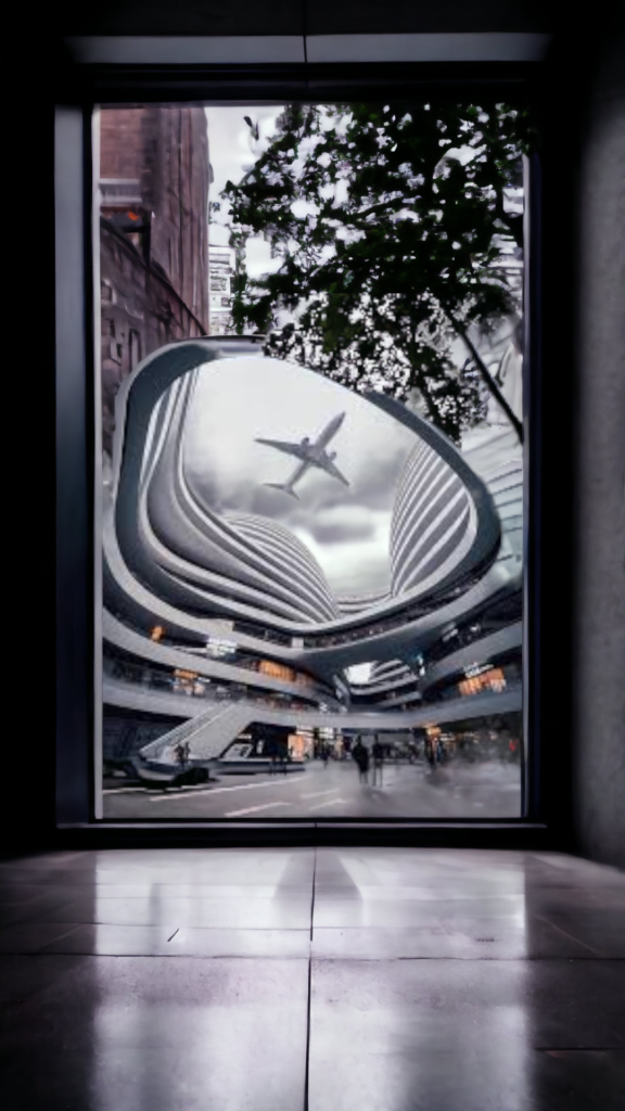 Decorative image of Beijing modern building with plane flying over looking outside through a big open window.