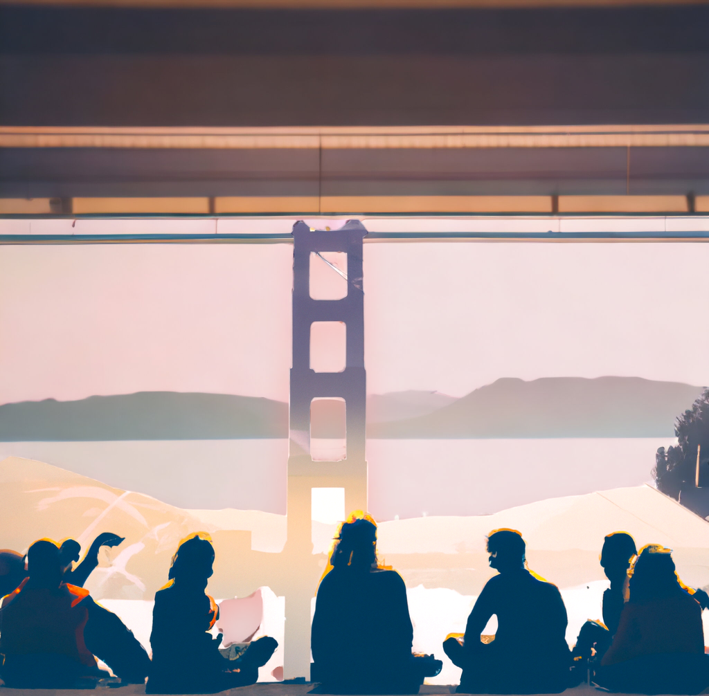 Decorative image of people sitting in a group looking out a window at the San Francisco Golden Gate Bridge