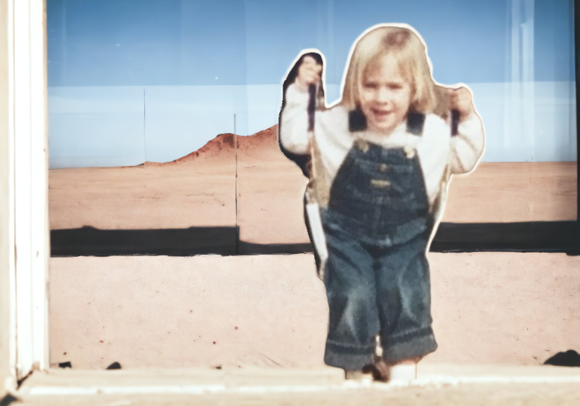Decorative image of Dené at around age 3 with a desert in the background