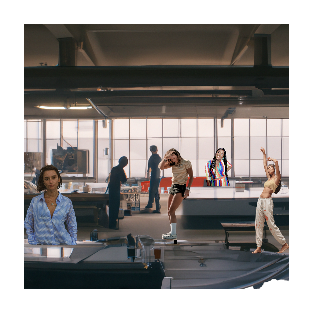 decorative image of a large industrial studio with designers sitting, skateboarding, dancing
