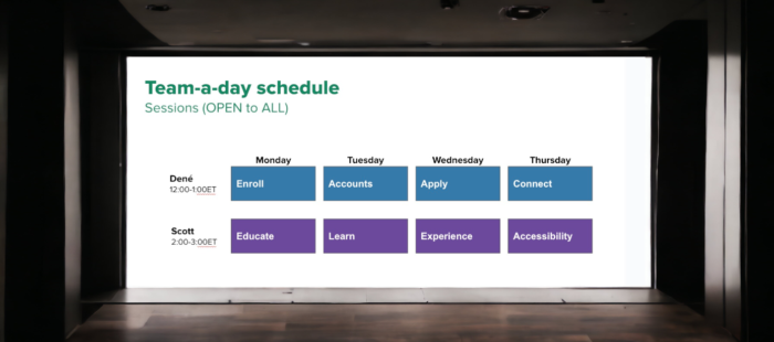 Image of Team-a-day schedule and text "sessions open to all" Dené 12:00-1:00 ET Monday: Enroll Tuesday: Accounts Wednesday: Apply Thursday: Connect Scott 2:00-3:00 ET Monday: Educate Tuesday: Learn Wednesday: Experience Thursday: Accessibility