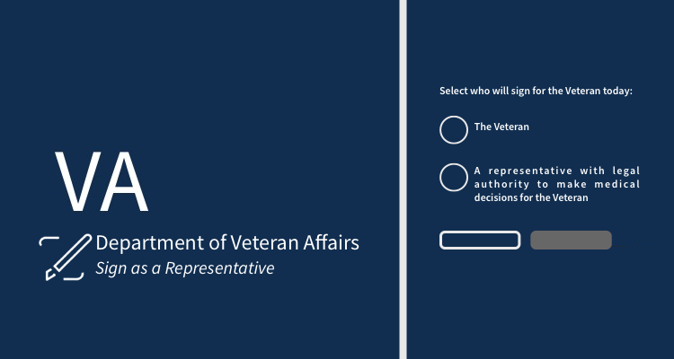Sign as a representative cover image with text: "VA Department of Veteran Affairs Sign as a representative” with mockup of form question. Linked to case study.