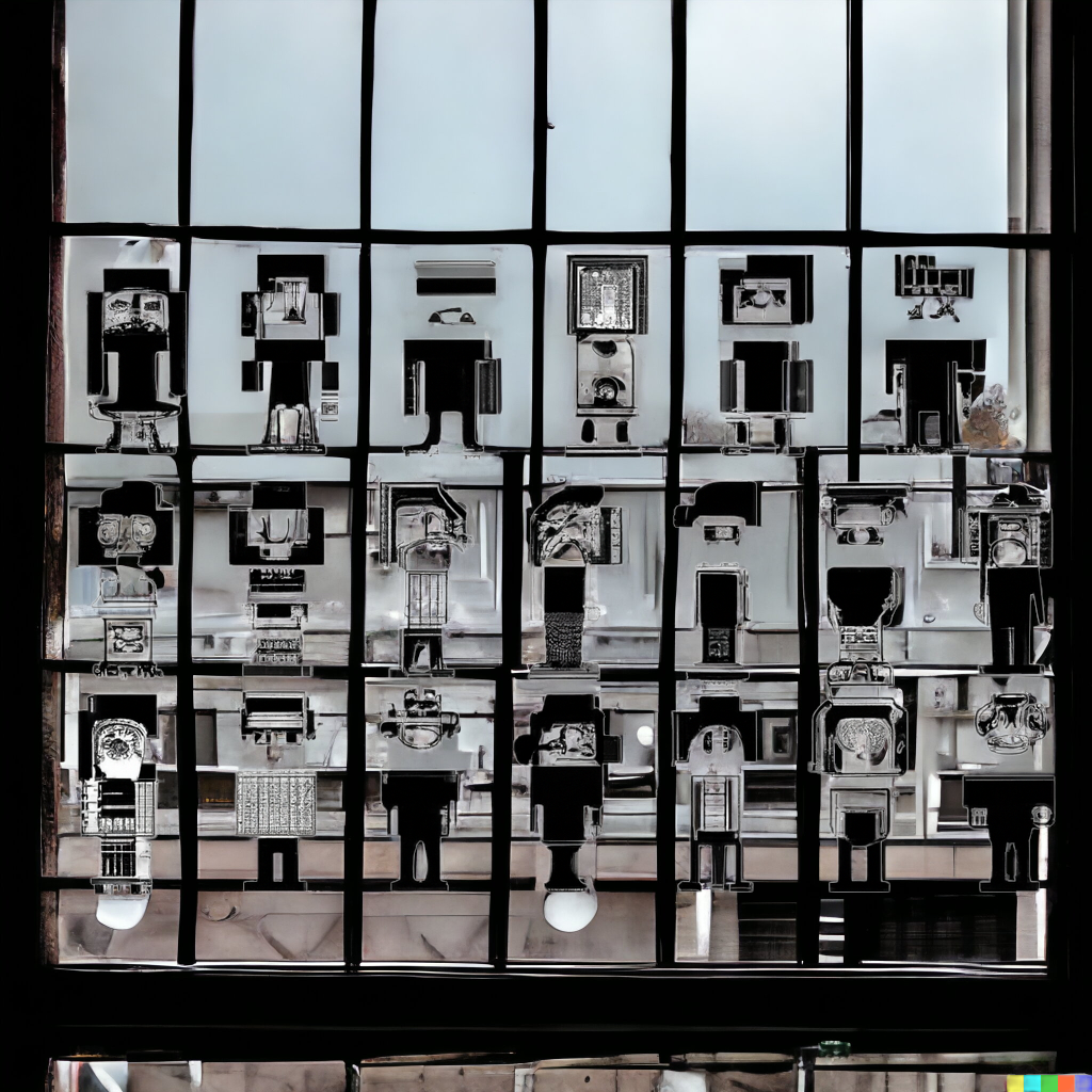 Decorative image of a bunch of different robot people sitting in a window