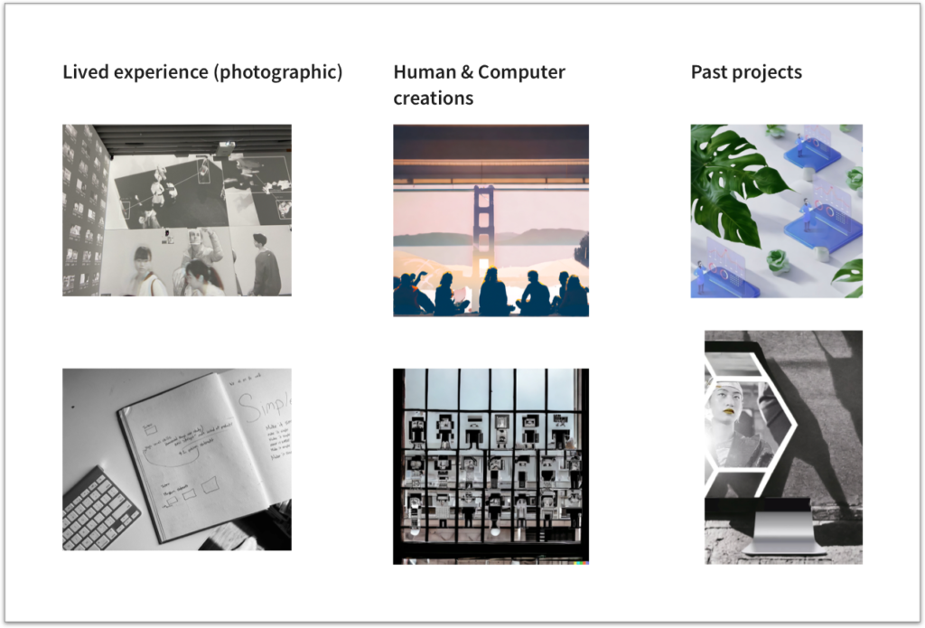 Images used throughout the portfolio to demonstrate the themes of lived experience (photography), Human and computer creations, and past projects