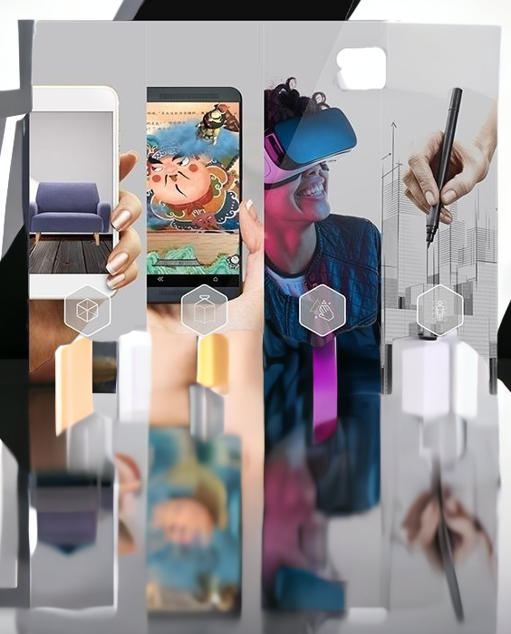 Decorative image of abstract weida3d branding project that shows different apps, drawings, and VR